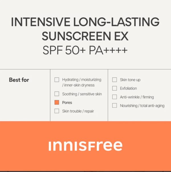Innisfree Intensive Long-lasting Sunscreen EX SPF50+ PA++++ 60ml - Image 5